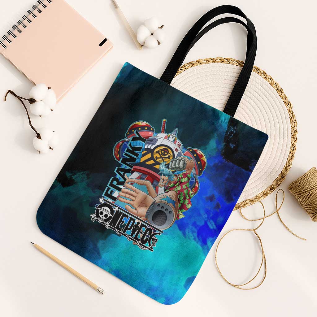 Franky One Piece Blue Theme Tote Bag with Cyborg Design and Shipwright Pose - The Mazicc