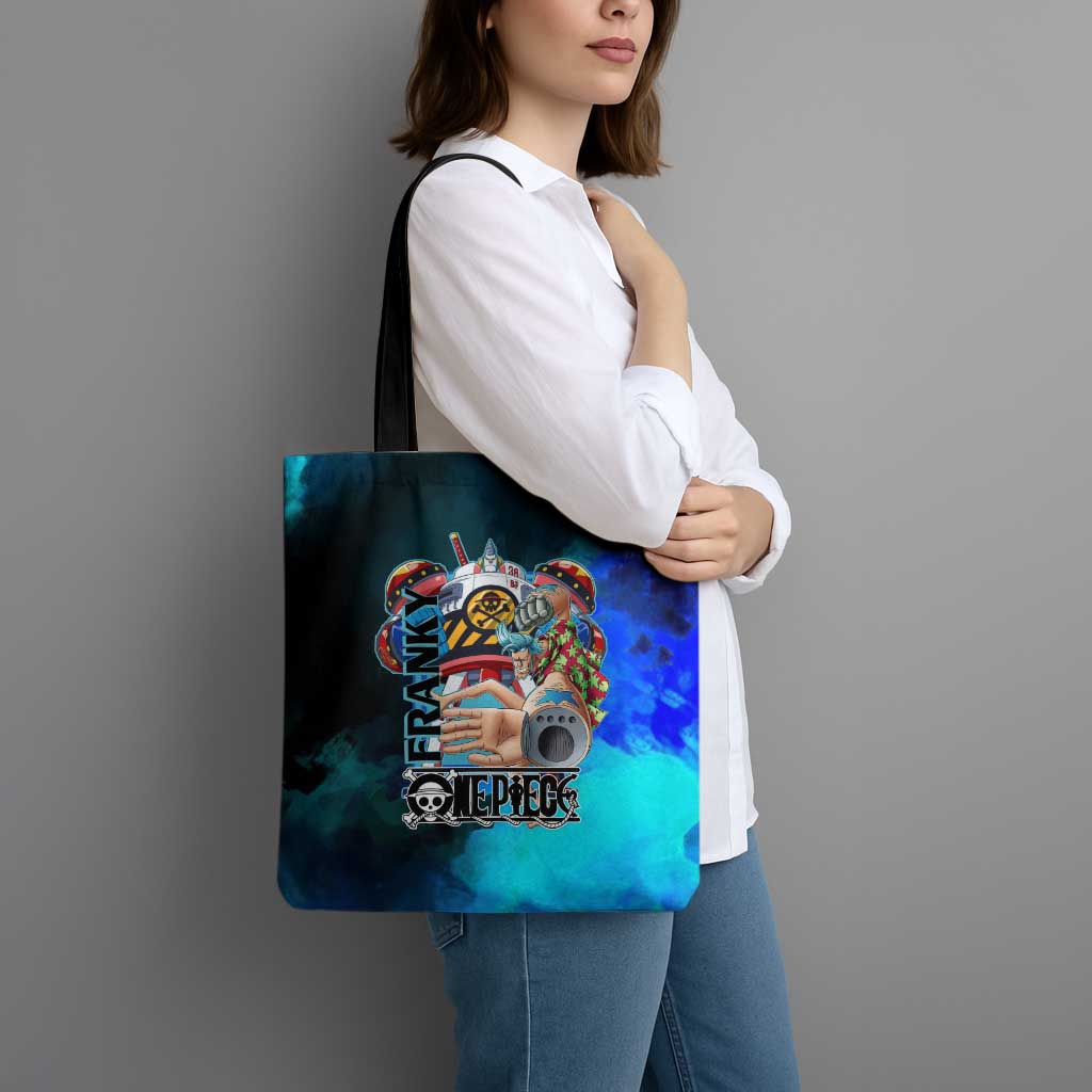 Franky One Piece Blue Theme Tote Bag with Cyborg Design and Shipwright Pose - The Mazicc