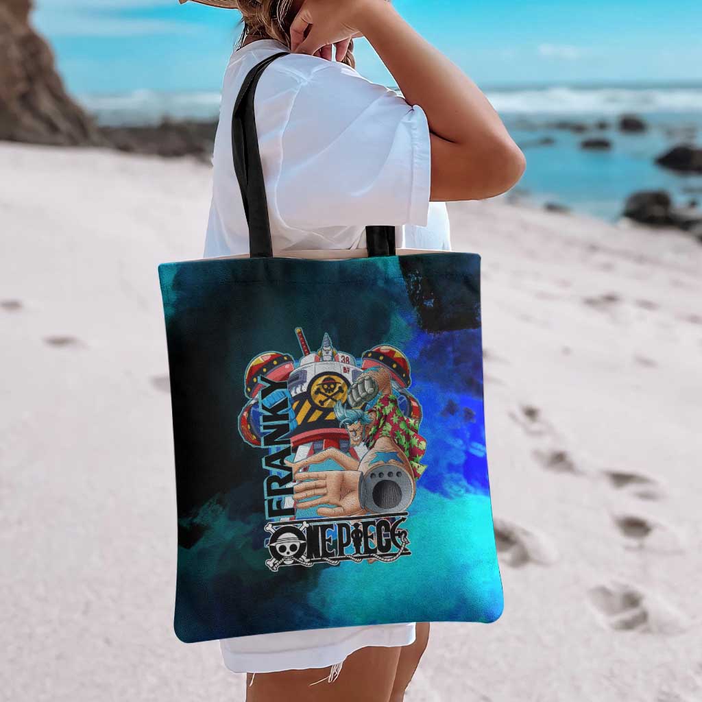 Franky One Piece Blue Theme Tote Bag with Cyborg Design and Shipwright Pose - The Mazicc