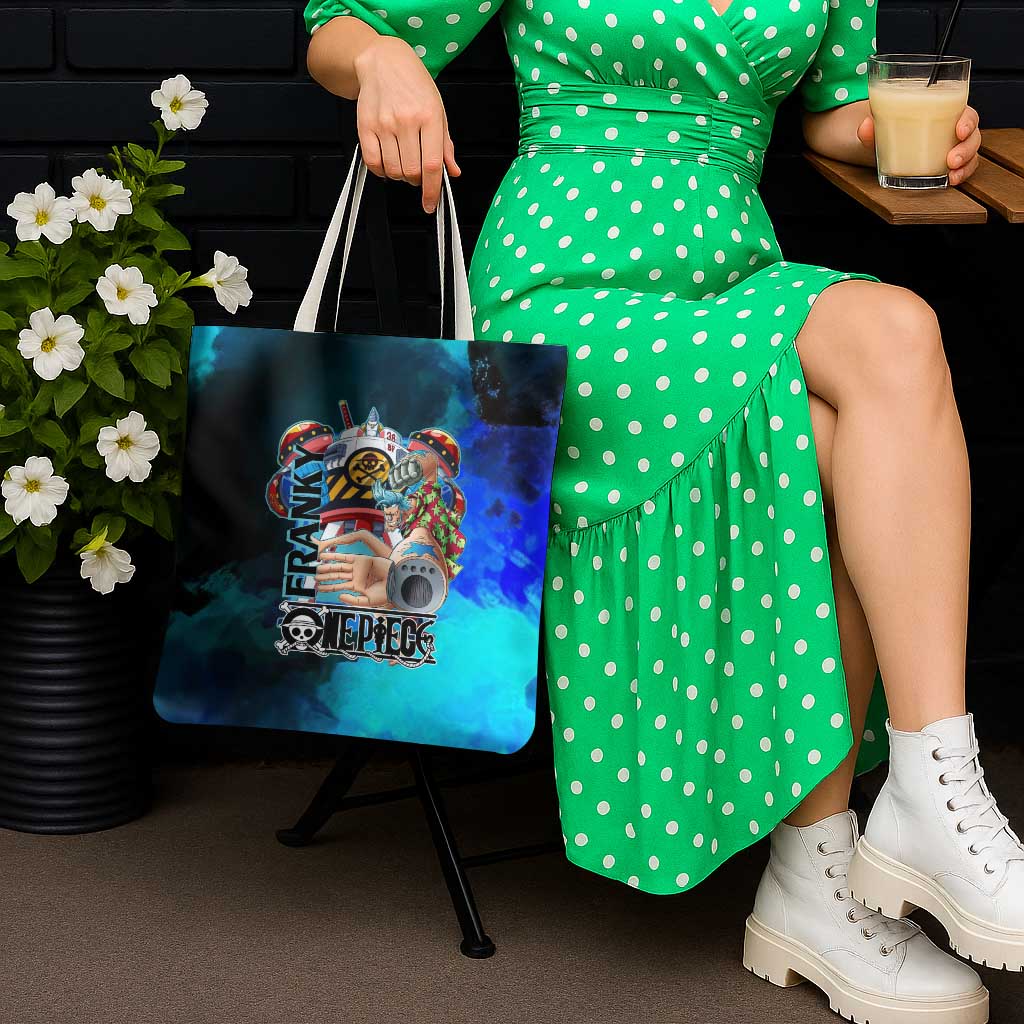 Franky One Piece Blue Theme Tote Bag with Cyborg Design and Shipwright Pose - The Mazicc