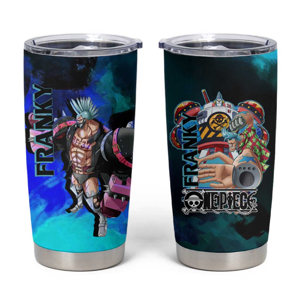 Franky One Piece Blue Theme Tumbler Cup with Cyborg Design and Shipwright Pose - The Mazicc