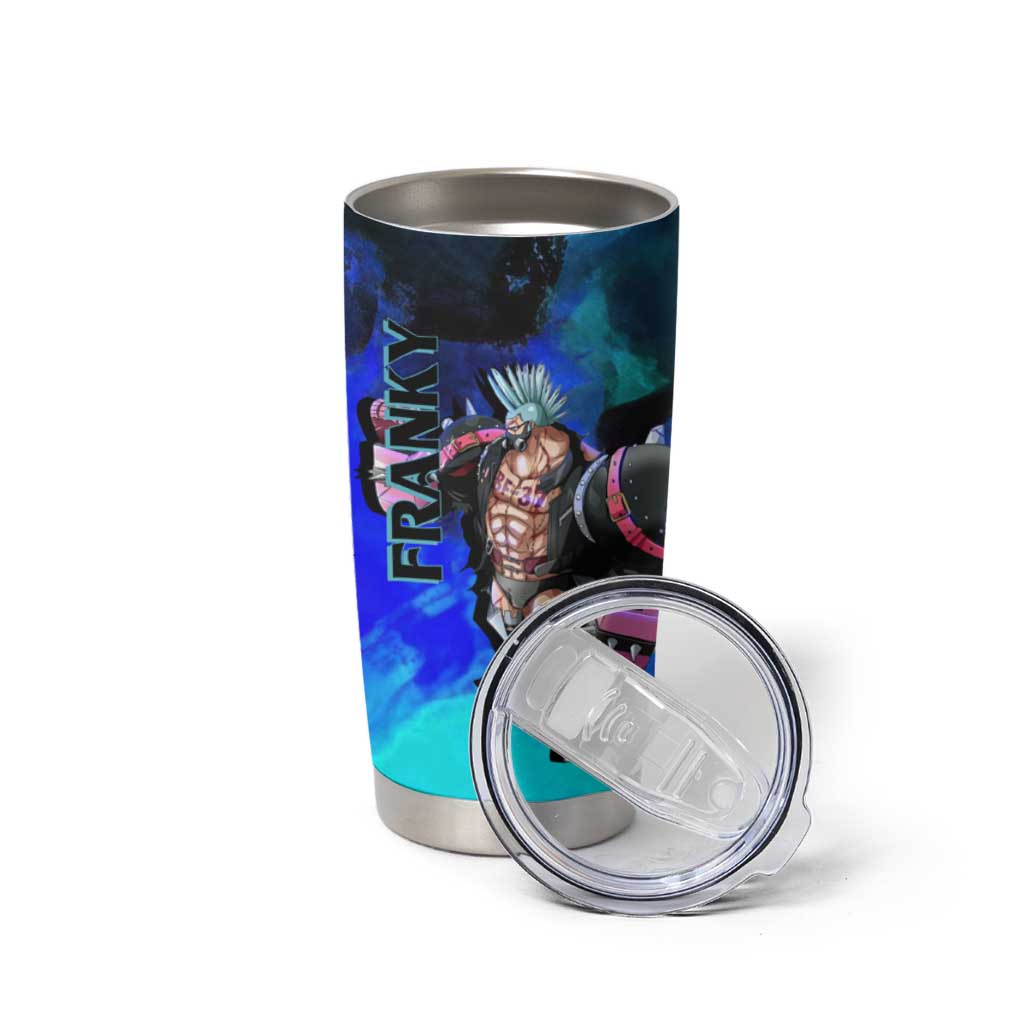 Franky One Piece Blue Theme Tumbler Cup with Cyborg Design and Shipwright Pose - The Mazicc
