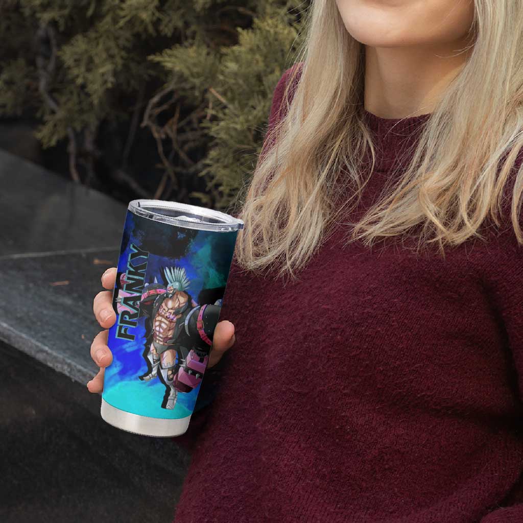 Franky One Piece Blue Theme Tumbler Cup with Cyborg Design and Shipwright Pose - The Mazicc