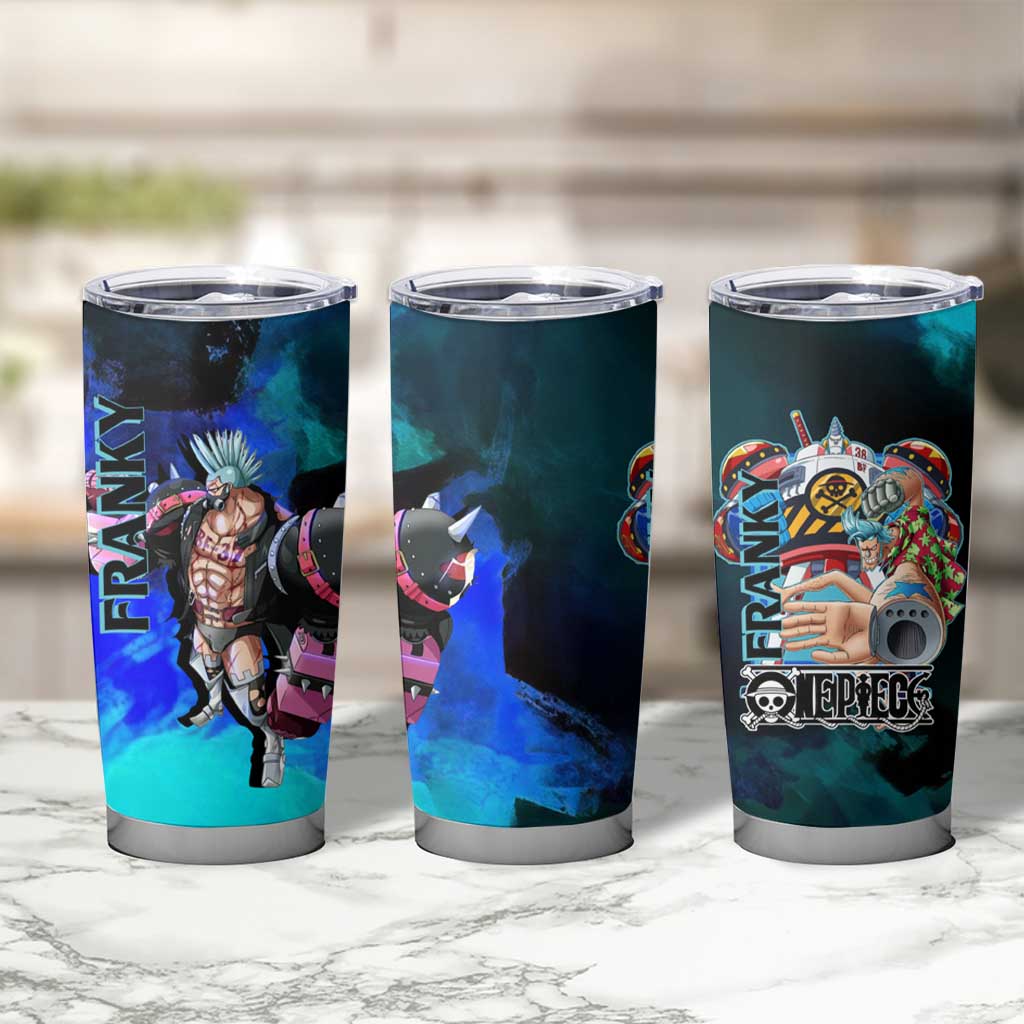 Franky One Piece Blue Theme Tumbler Cup with Cyborg Design and Shipwright Pose - The Mazicc