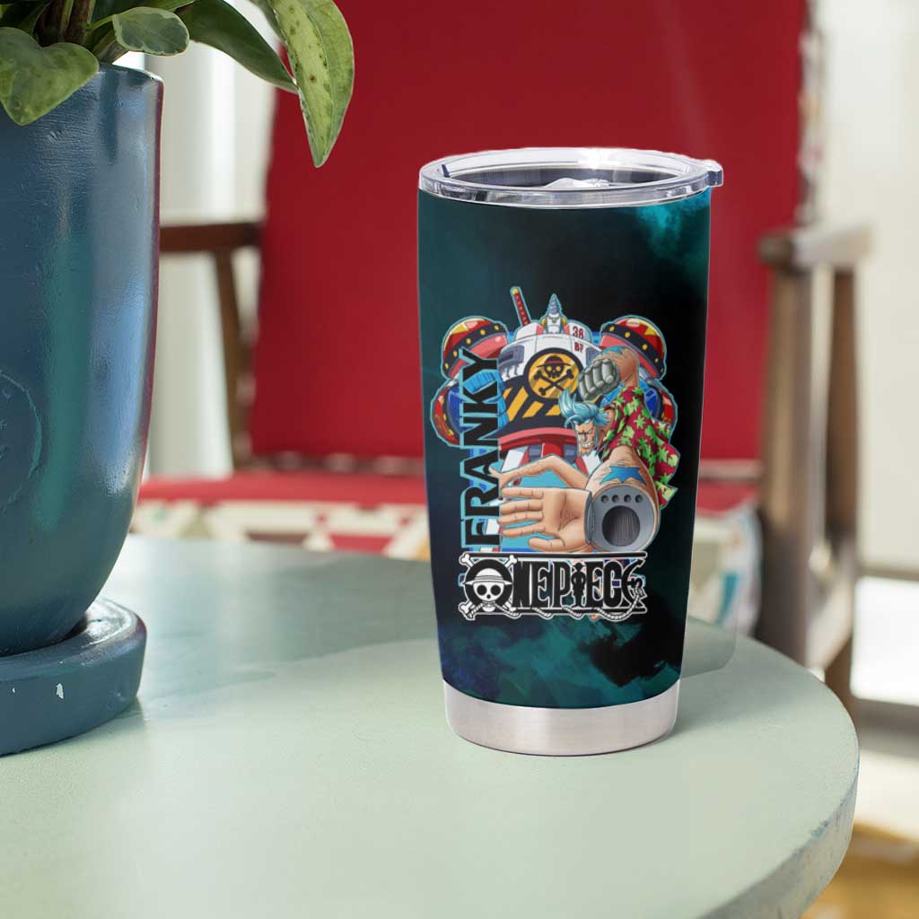 Franky One Piece Blue Theme Tumbler Cup with Cyborg Design and Shipwright Pose - The Mazicc