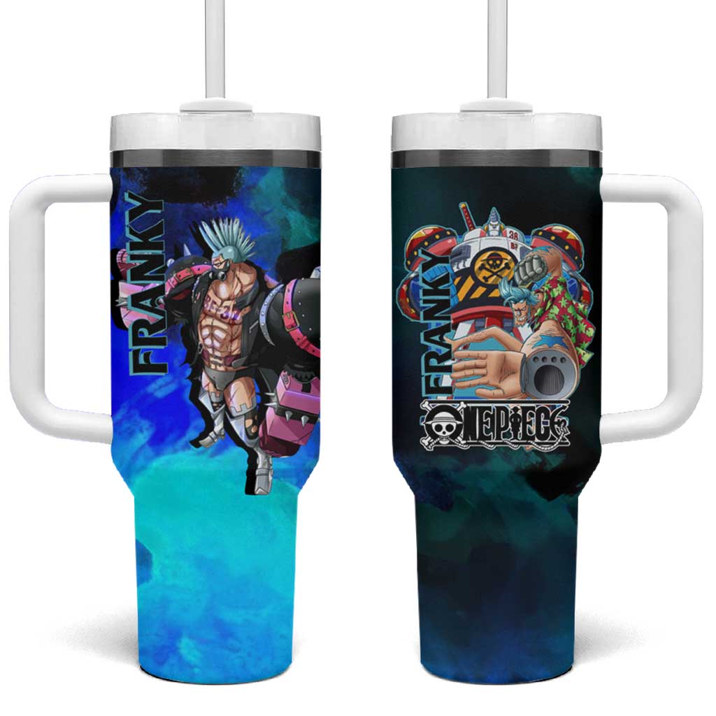 Franky One Piece Blue Theme Tumbler With Handle with Cyborg Design and Shipwright Pose - The Mazicc