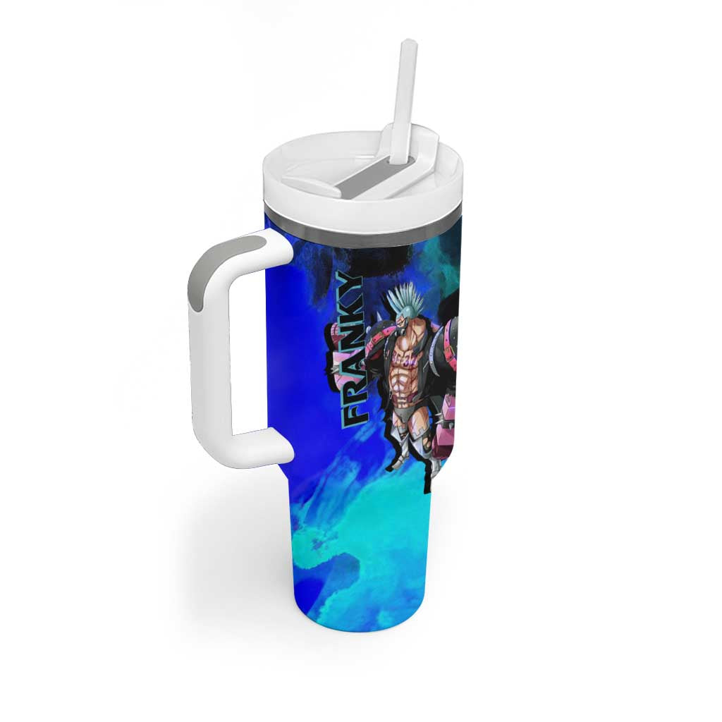 Franky One Piece Blue Theme Tumbler With Handle with Cyborg Design and Shipwright Pose - The Mazicc