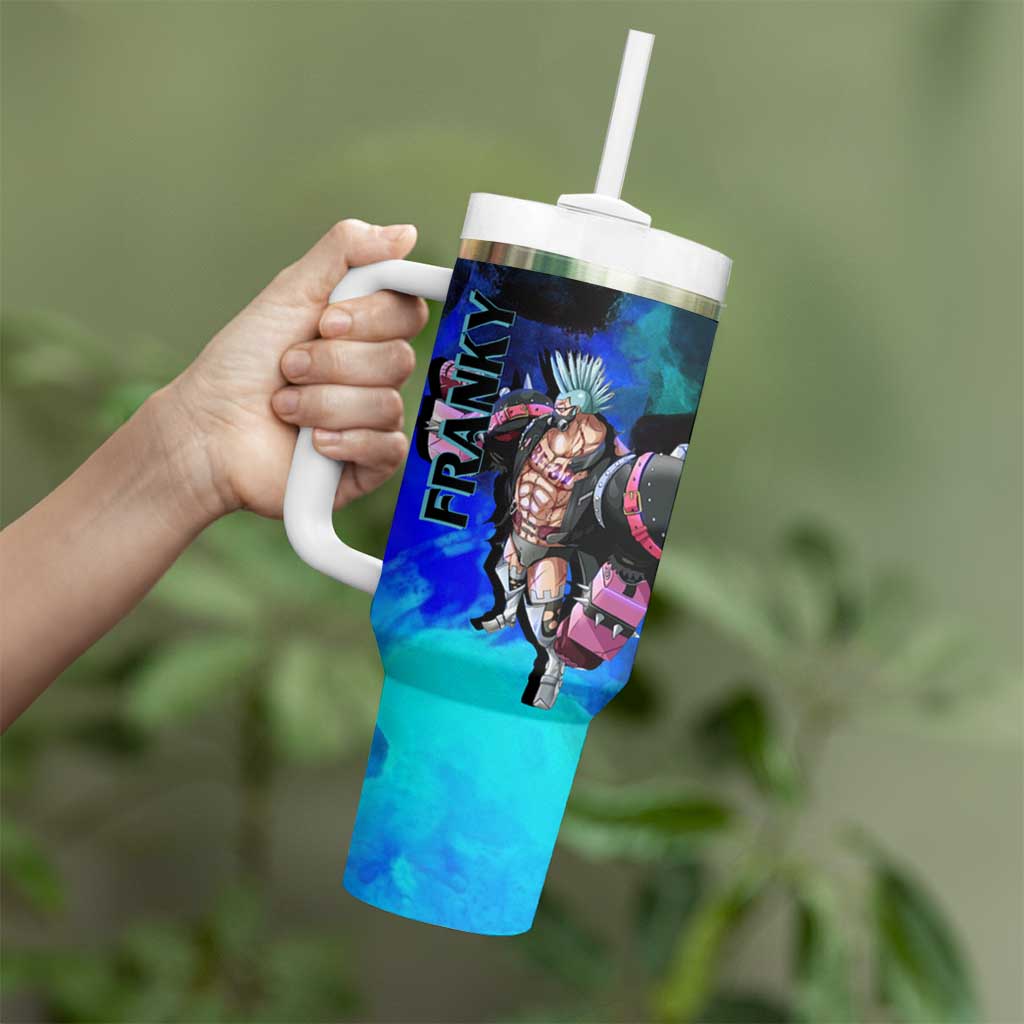 Franky One Piece Blue Theme Tumbler With Handle with Cyborg Design and Shipwright Pose - The Mazicc
