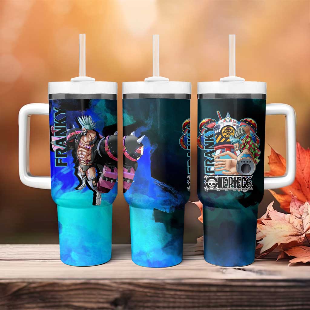 Franky One Piece Blue Theme Tumbler With Handle with Cyborg Design and Shipwright Pose - The Mazicc
