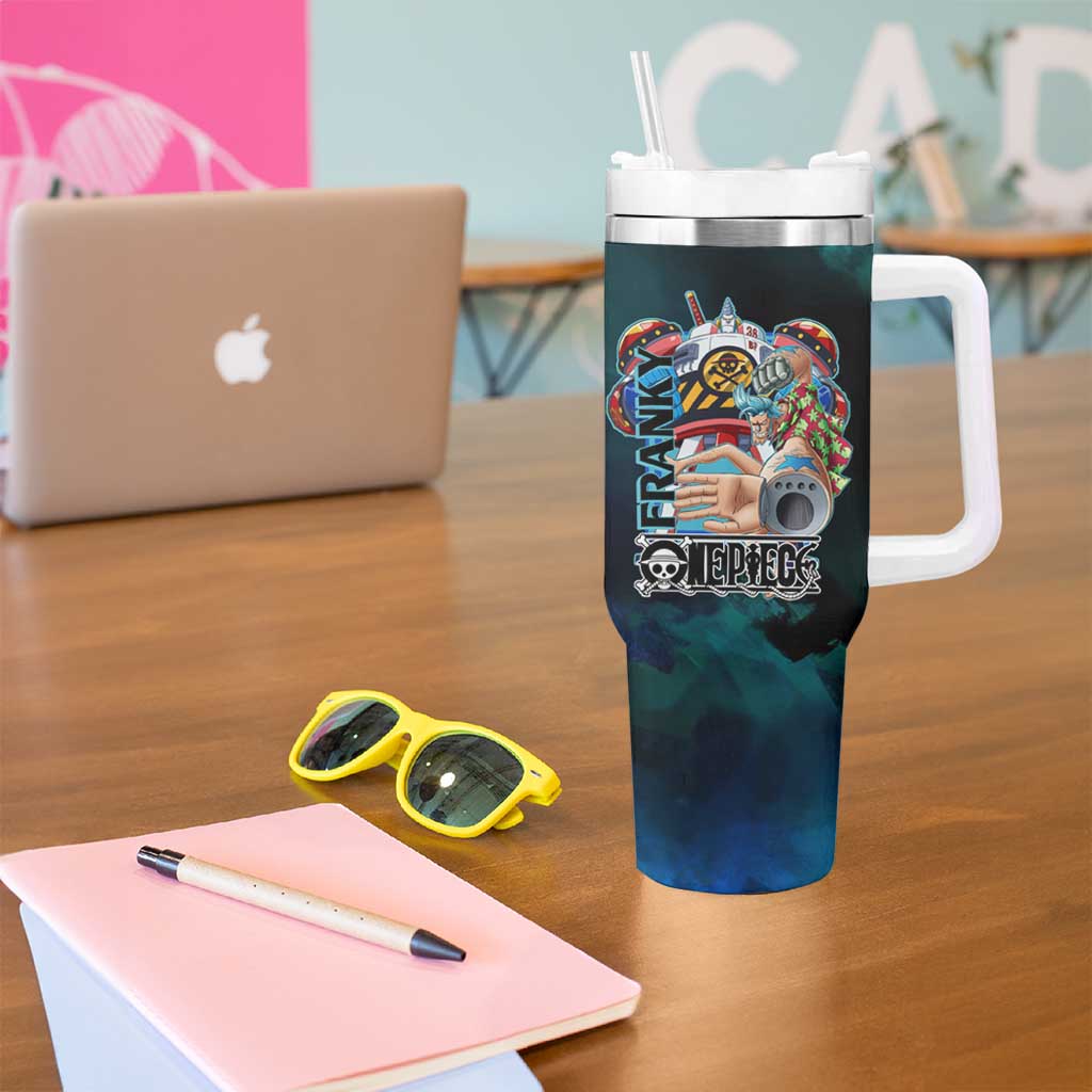 Franky One Piece Blue Theme Tumbler With Handle with Cyborg Design and Shipwright Pose - The Mazicc