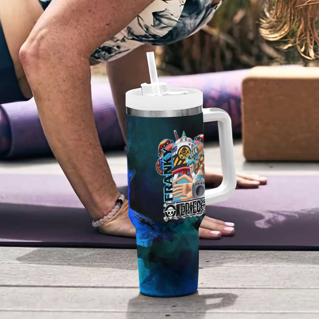 Franky One Piece Blue Theme Tumbler With Handle with Cyborg Design and Shipwright Pose - The Mazicc