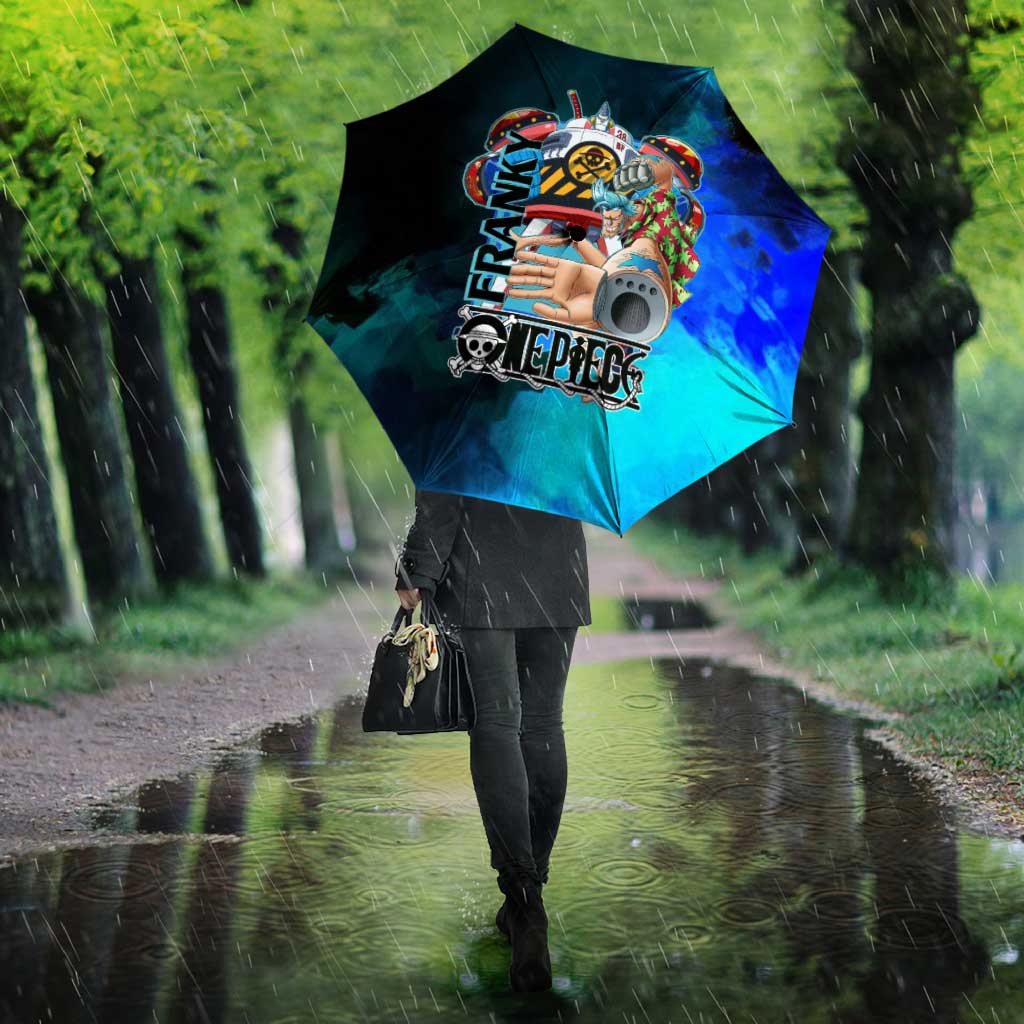 Franky One Piece Blue Theme Umbrella with Cyborg Design and Shipwright Pose - The Mazicc