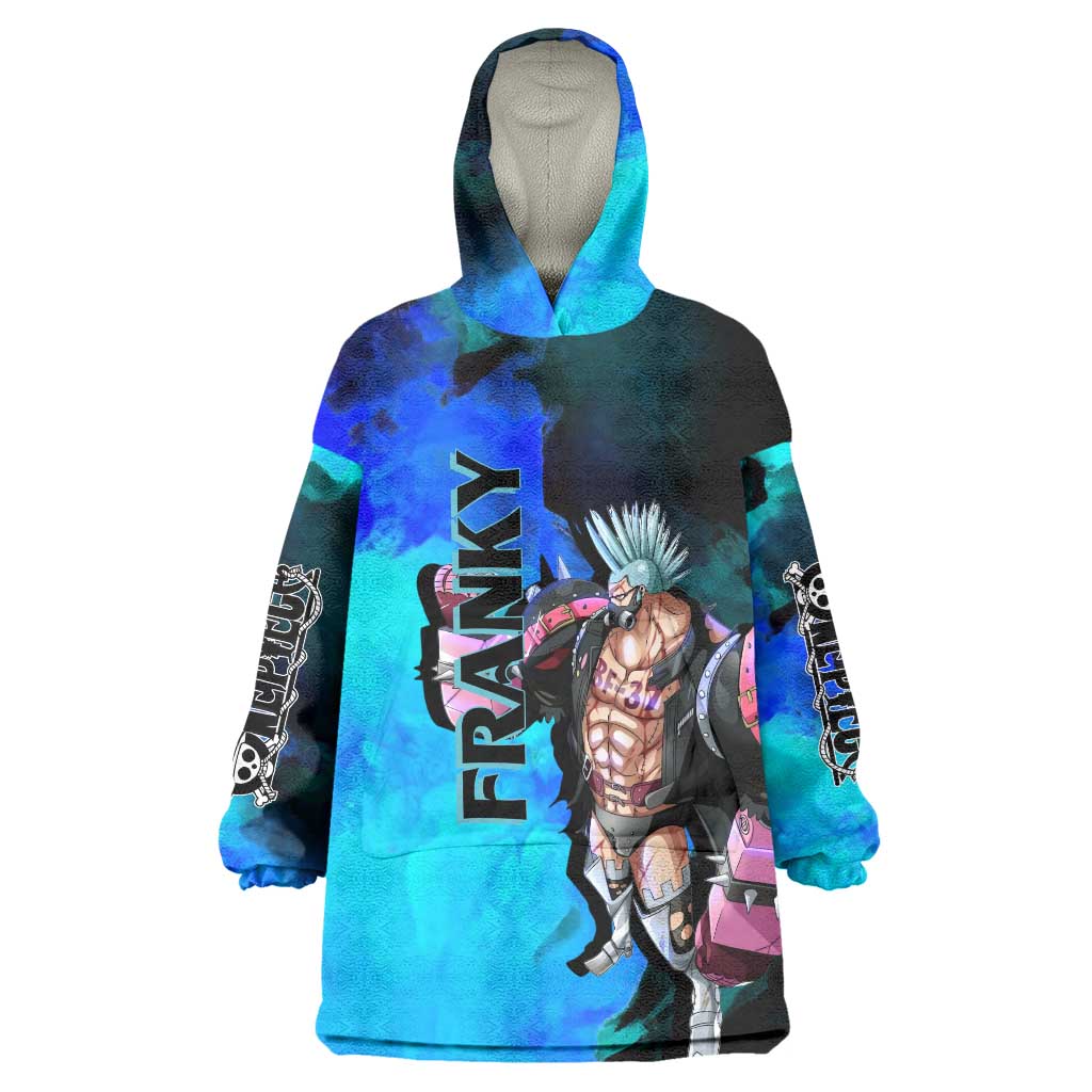 Franky One Piece Blue Theme Wearable Blanket Hoodie with Cyborg Design and Shipwright Pose - The Mazicc