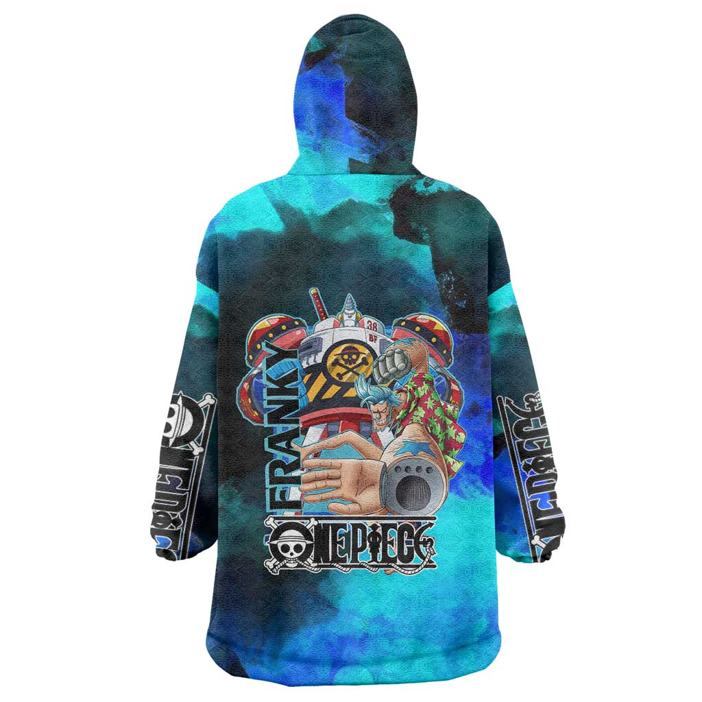 Franky One Piece Blue Theme Wearable Blanket Hoodie with Cyborg Design and Shipwright Pose - The Mazicc