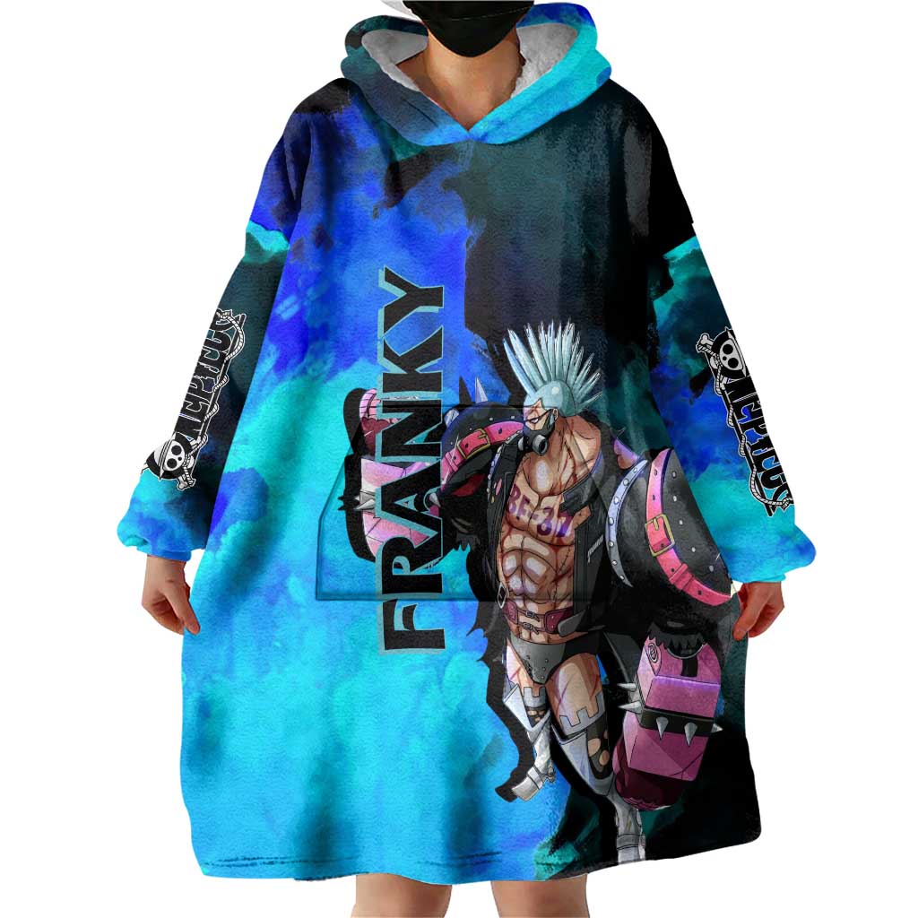 Franky One Piece Blue Theme Wearable Blanket Hoodie with Cyborg Design and Shipwright Pose - The Mazicc