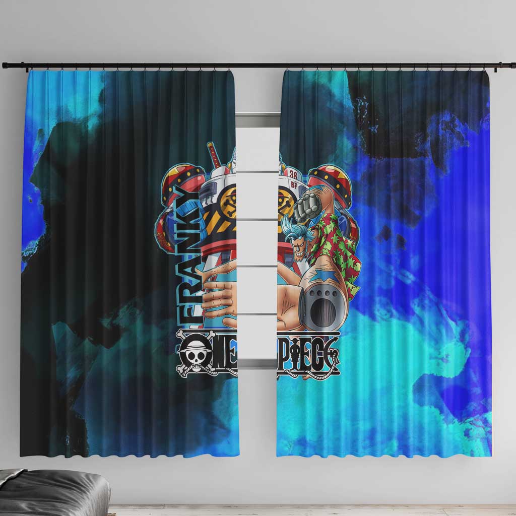 Franky One Piece Blue Theme Window Curtain with Cyborg Design and Shipwright Pose - The Mazicc