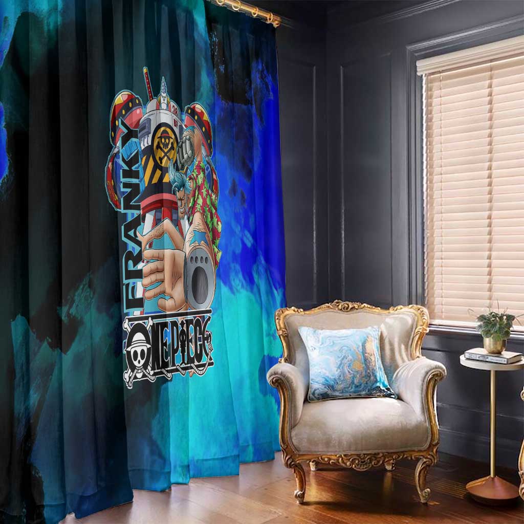 Franky One Piece Blue Theme Window Curtain with Cyborg Design and Shipwright Pose - The Mazicc