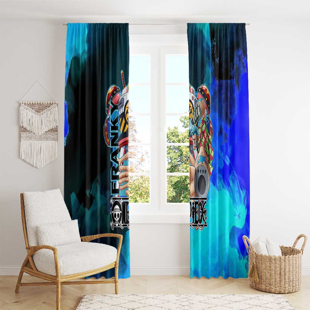 Franky One Piece Blue Theme Window Curtain with Cyborg Design and Shipwright Pose - The Mazicc