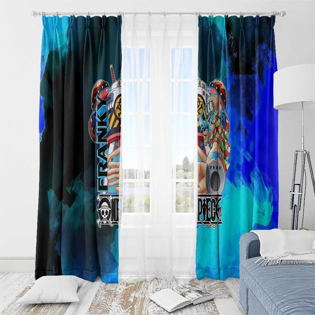 Franky One Piece Blue Theme Window Curtain with Cyborg Design and Shipwright Pose - The Mazicc