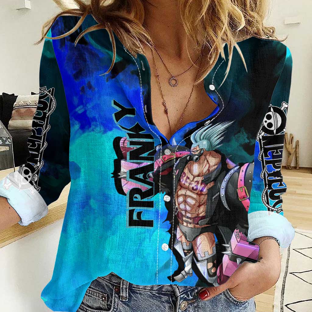 Franky One Piece Blue Theme Women Casual Shirt with Cyborg Design and Shipwright Pose - The Mazicc