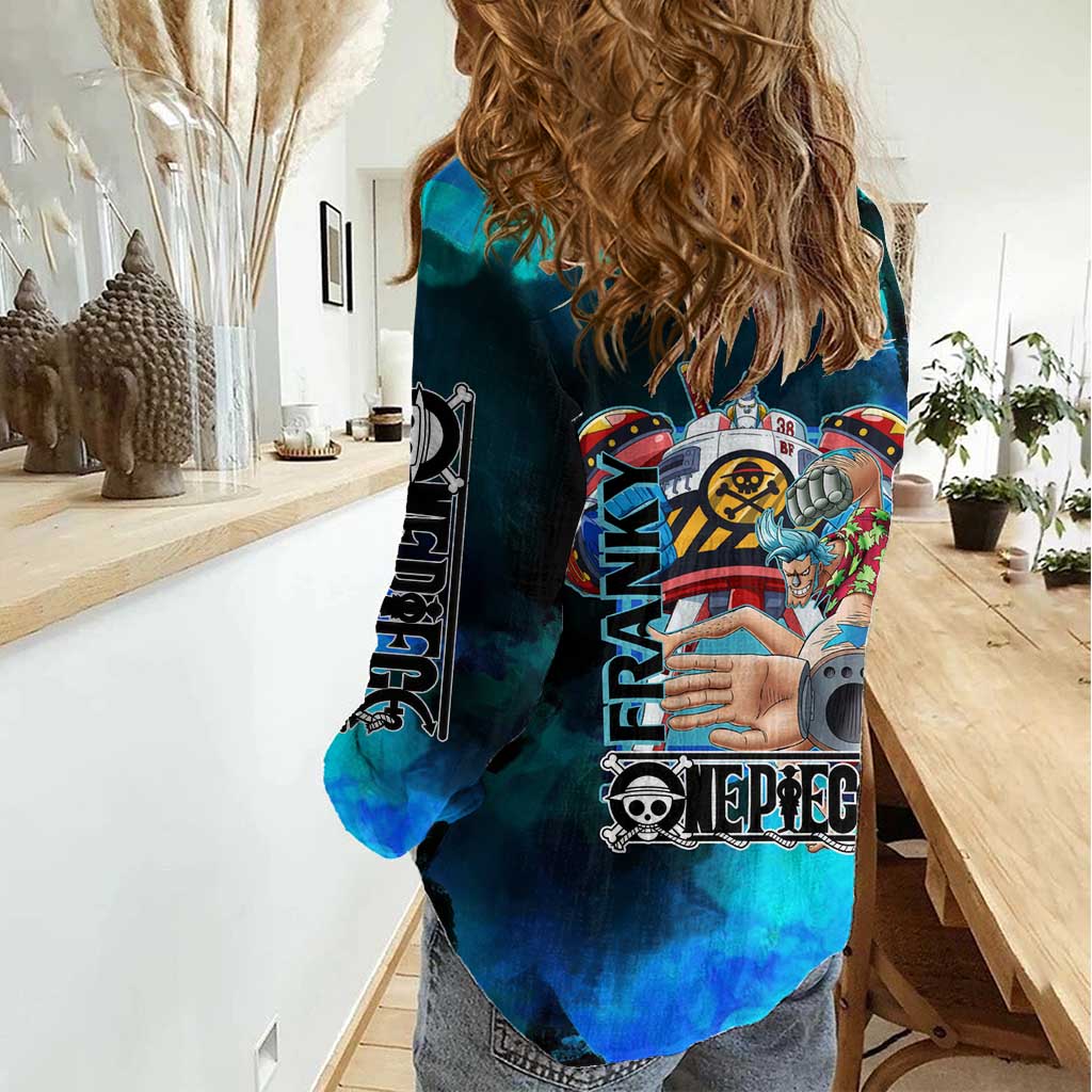 Franky One Piece Blue Theme Women Casual Shirt with Cyborg Design and Shipwright Pose - The Mazicc