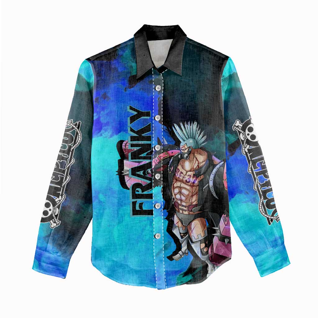 Franky One Piece Blue Theme Women Casual Shirt with Cyborg Design and Shipwright Pose - The Mazicc