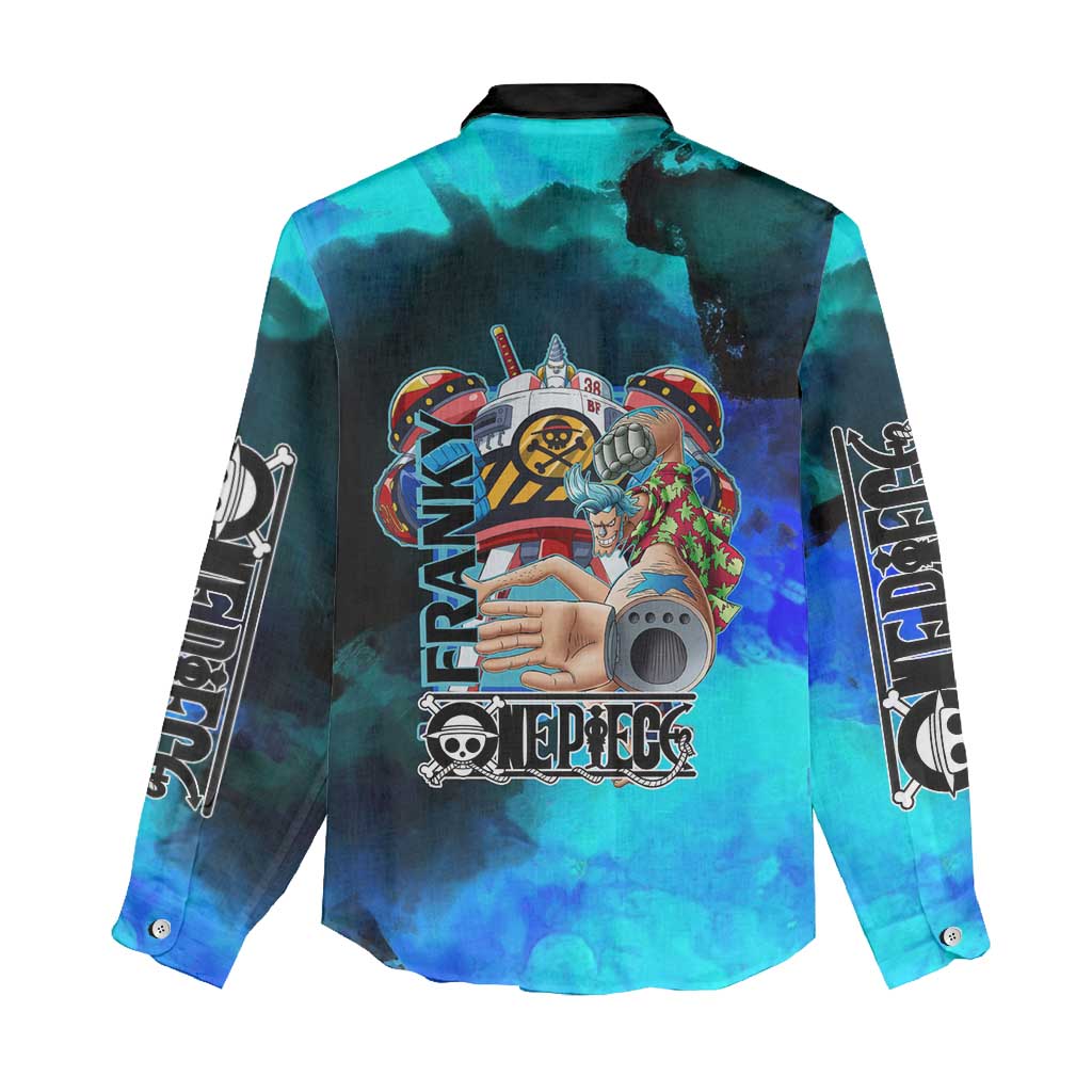 Franky One Piece Blue Theme Women Casual Shirt with Cyborg Design and Shipwright Pose - The Mazicc