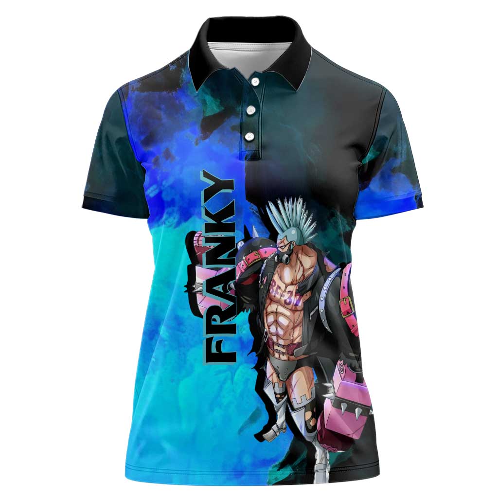 Franky One Piece Blue Theme Women Polo Shirt with Cyborg Design and Shipwright Pose - The Mazicc