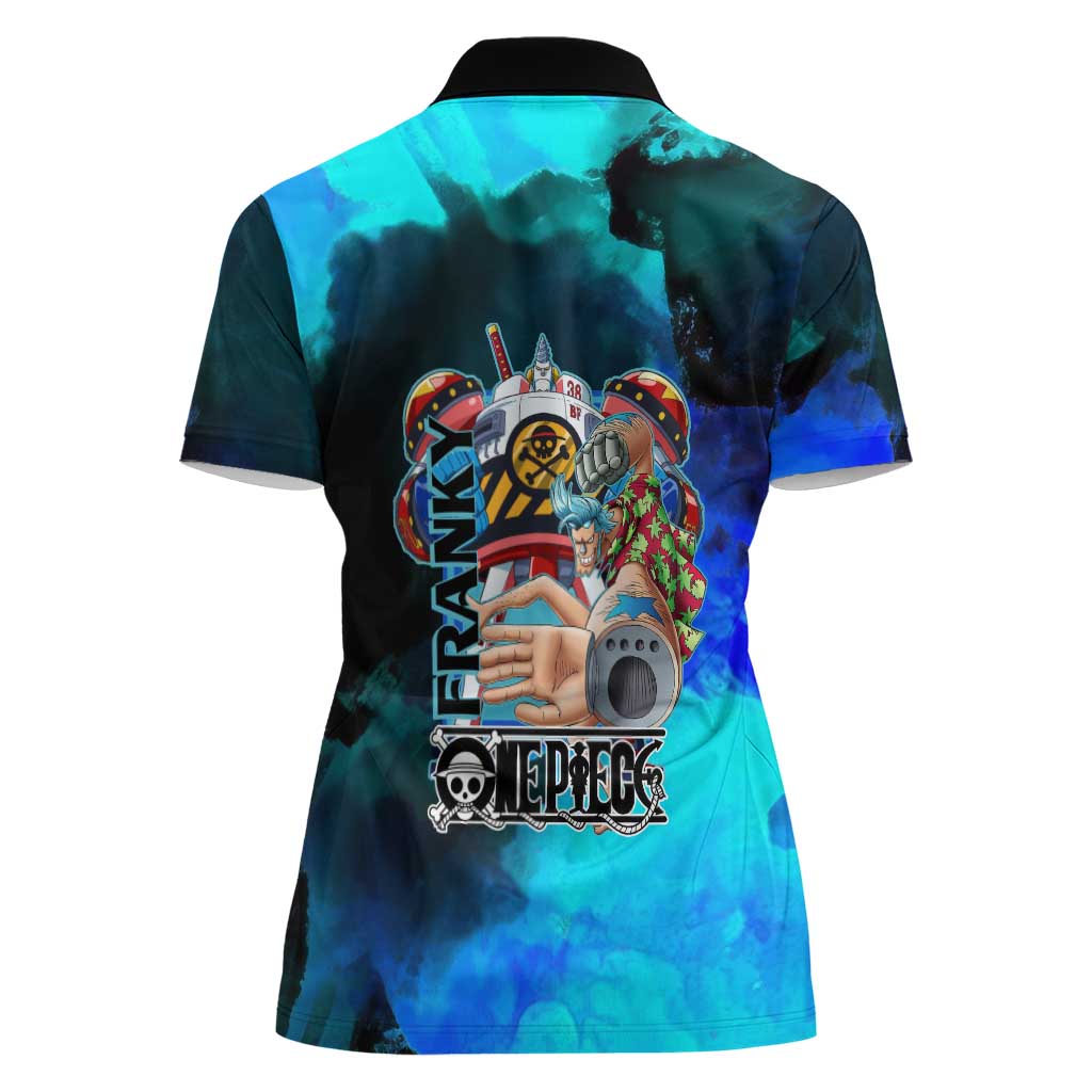 Franky One Piece Blue Theme Women Polo Shirt with Cyborg Design and Shipwright Pose - The Mazicc