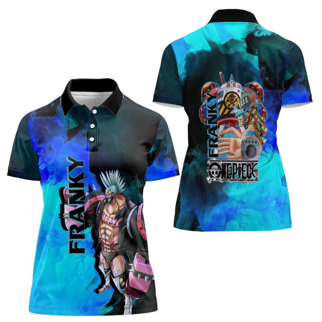 Franky One Piece Blue Theme Women Polo Shirt with Cyborg Design and Shipwright Pose - The Mazicc