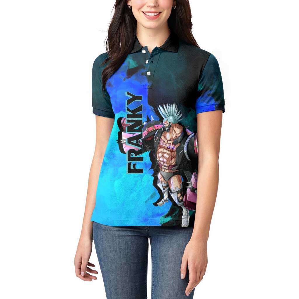 Franky One Piece Blue Theme Women Polo Shirt with Cyborg Design and Shipwright Pose - The Mazicc