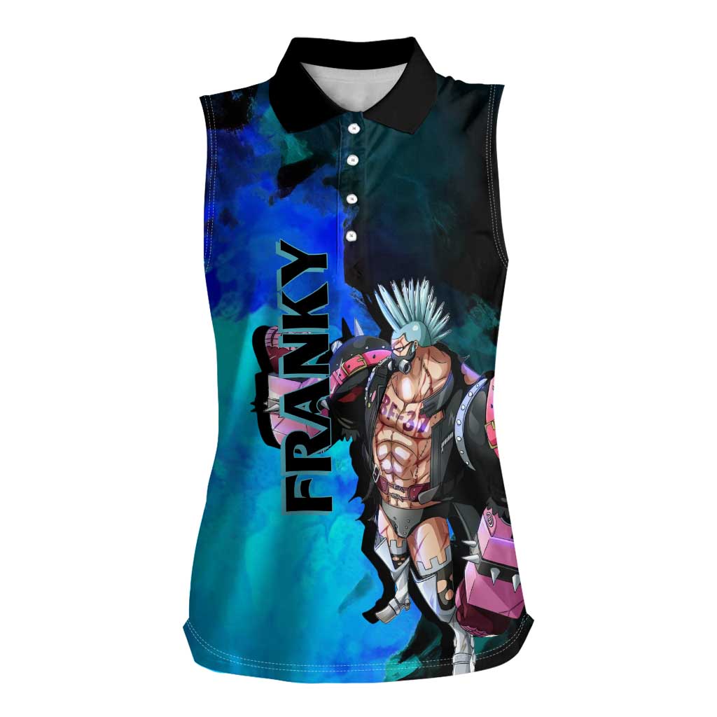 Franky One Piece Blue Theme Women Sleeveless Polo Shirt with Cyborg Design and Shipwright Pose - The Mazicc