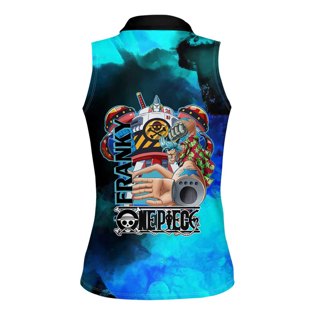 Franky One Piece Blue Theme Women Sleeveless Polo Shirt with Cyborg Design and Shipwright Pose - The Mazicc