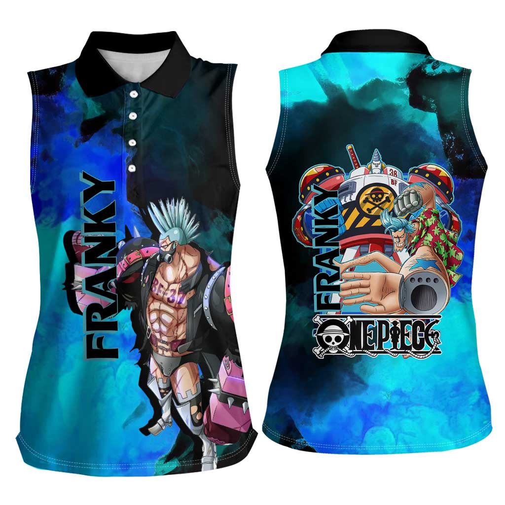 Franky One Piece Blue Theme Women Sleeveless Polo Shirt with Cyborg Design and Shipwright Pose - The Mazicc
