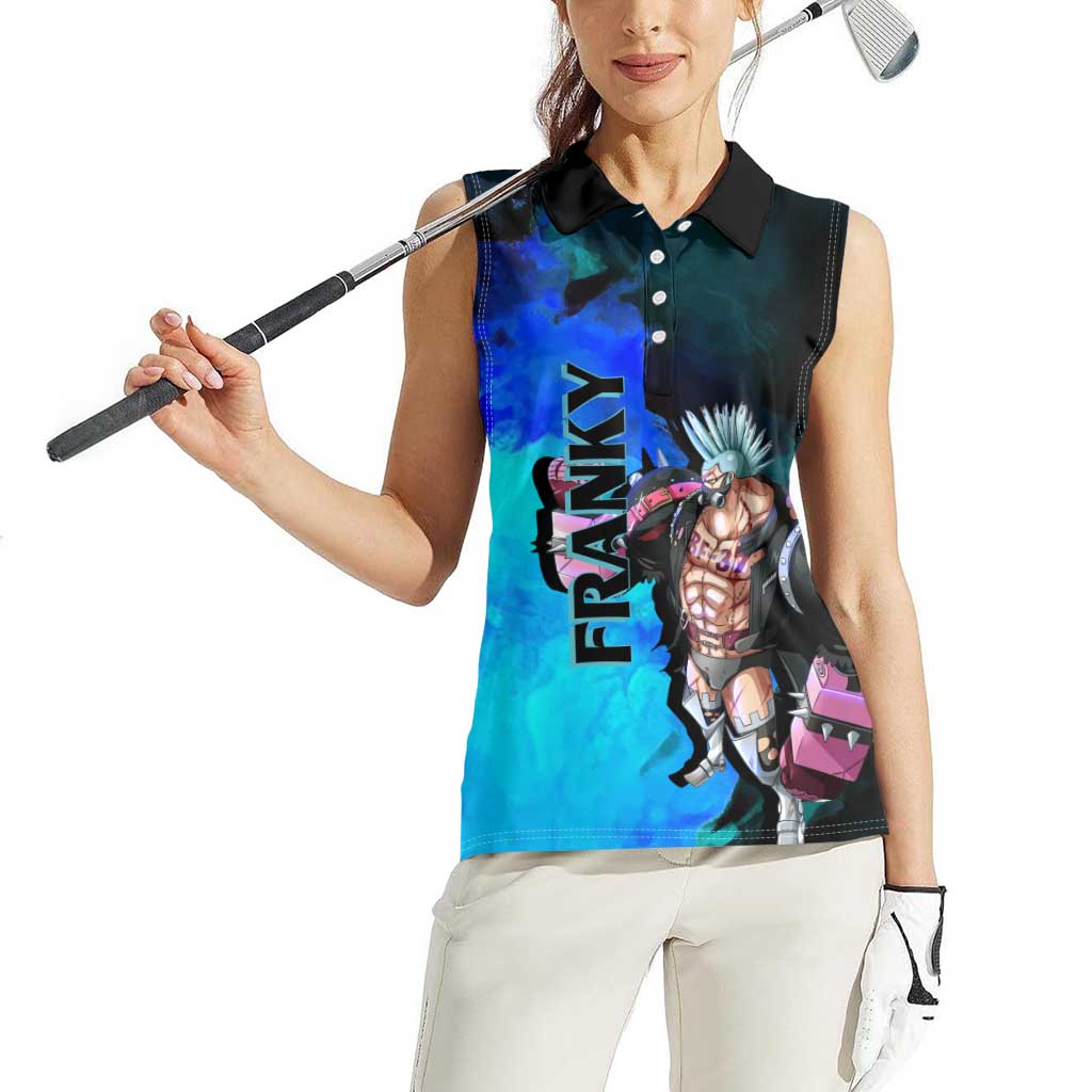 Franky One Piece Blue Theme Women Sleeveless Polo Shirt with Cyborg Design and Shipwright Pose - The Mazicc
