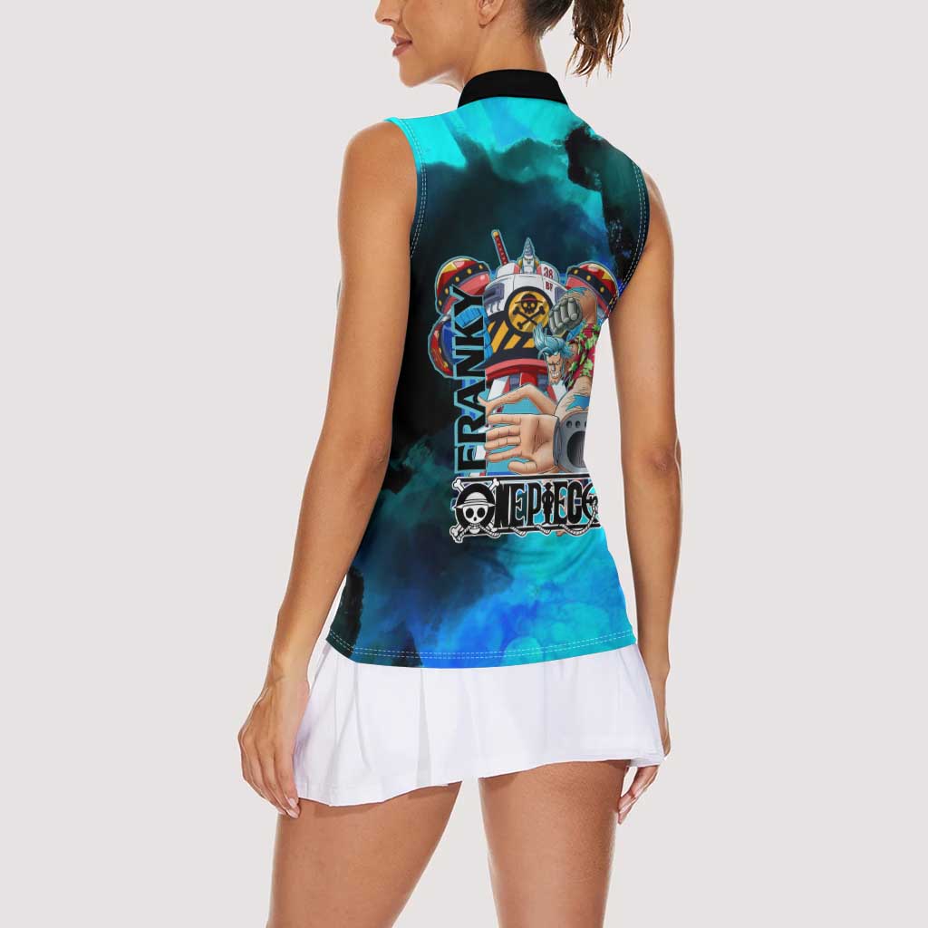 Franky One Piece Blue Theme Women Sleeveless Polo Shirt with Cyborg Design and Shipwright Pose - The Mazicc