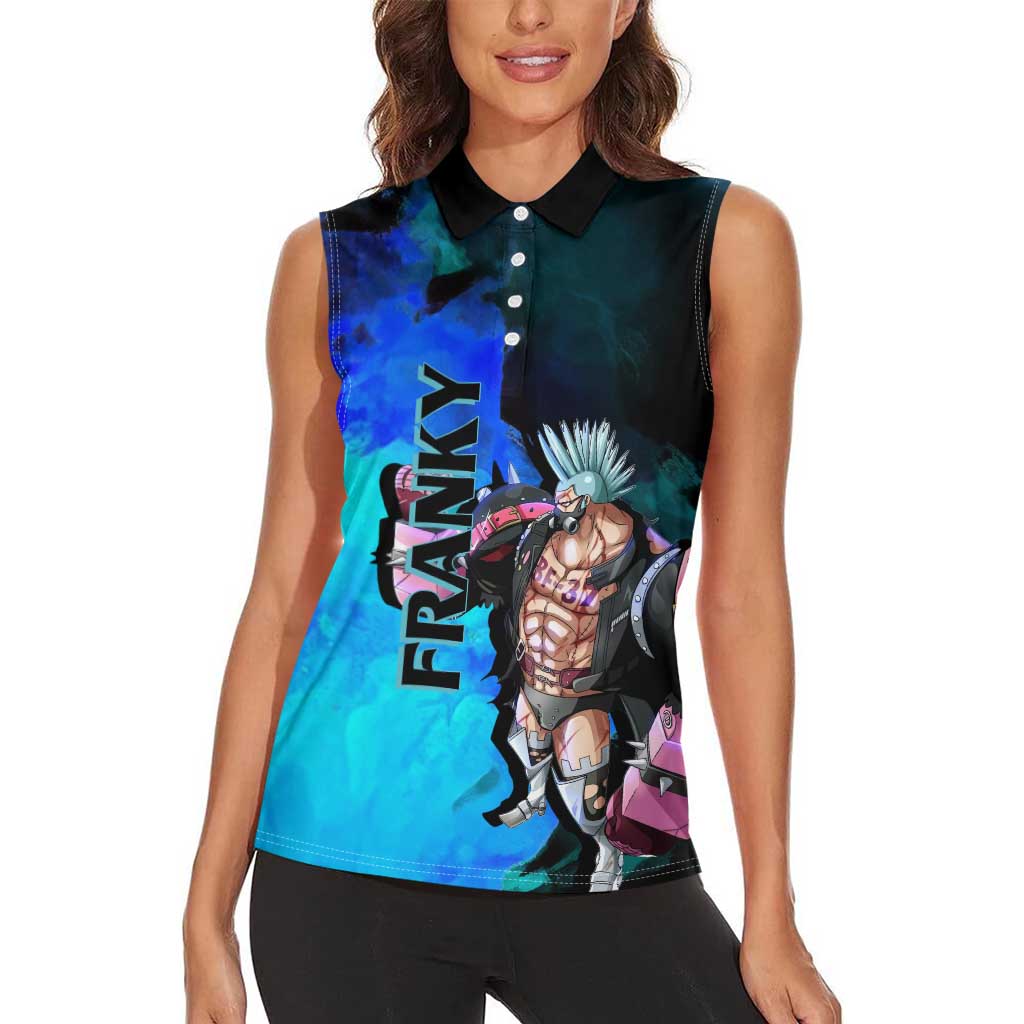 Franky One Piece Blue Theme Women Sleeveless Polo Shirt with Cyborg Design and Shipwright Pose - The Mazicc