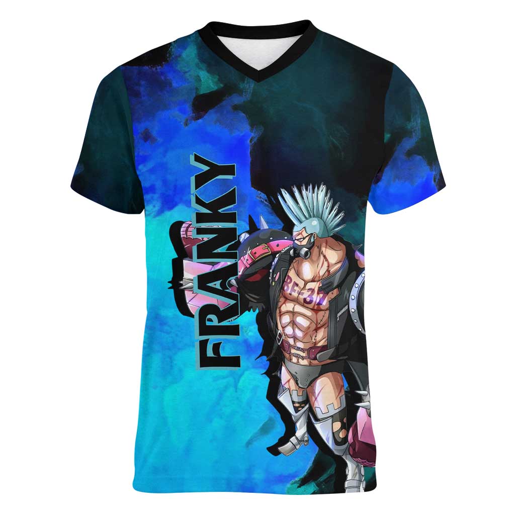 Franky One Piece Blue Theme Women V-Neck T-Shirt with Cyborg Design and Shipwright Pose - The Mazicc