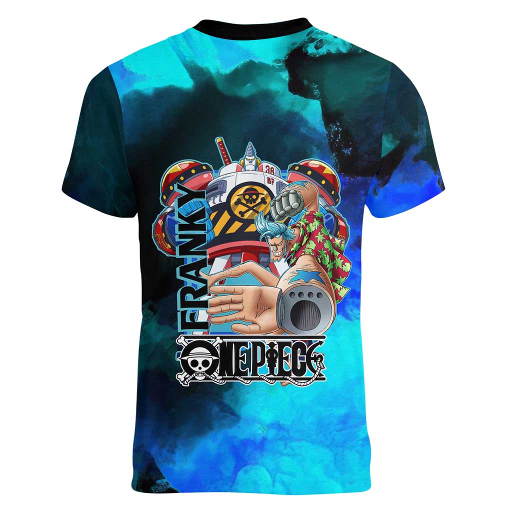 Franky One Piece Blue Theme Women V-Neck T-Shirt with Cyborg Design and Shipwright Pose - The Mazicc