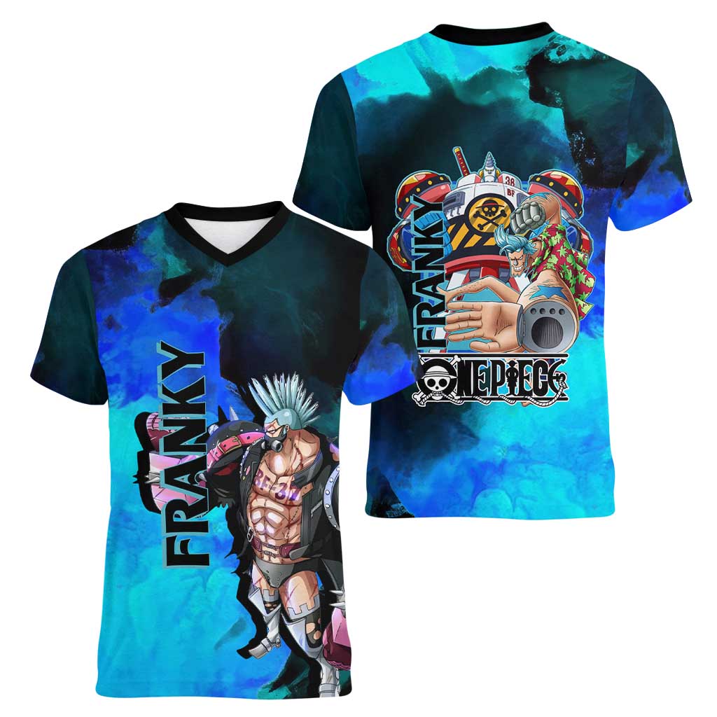 Franky One Piece Blue Theme Women V-Neck T-Shirt with Cyborg Design and Shipwright Pose - The Mazicc