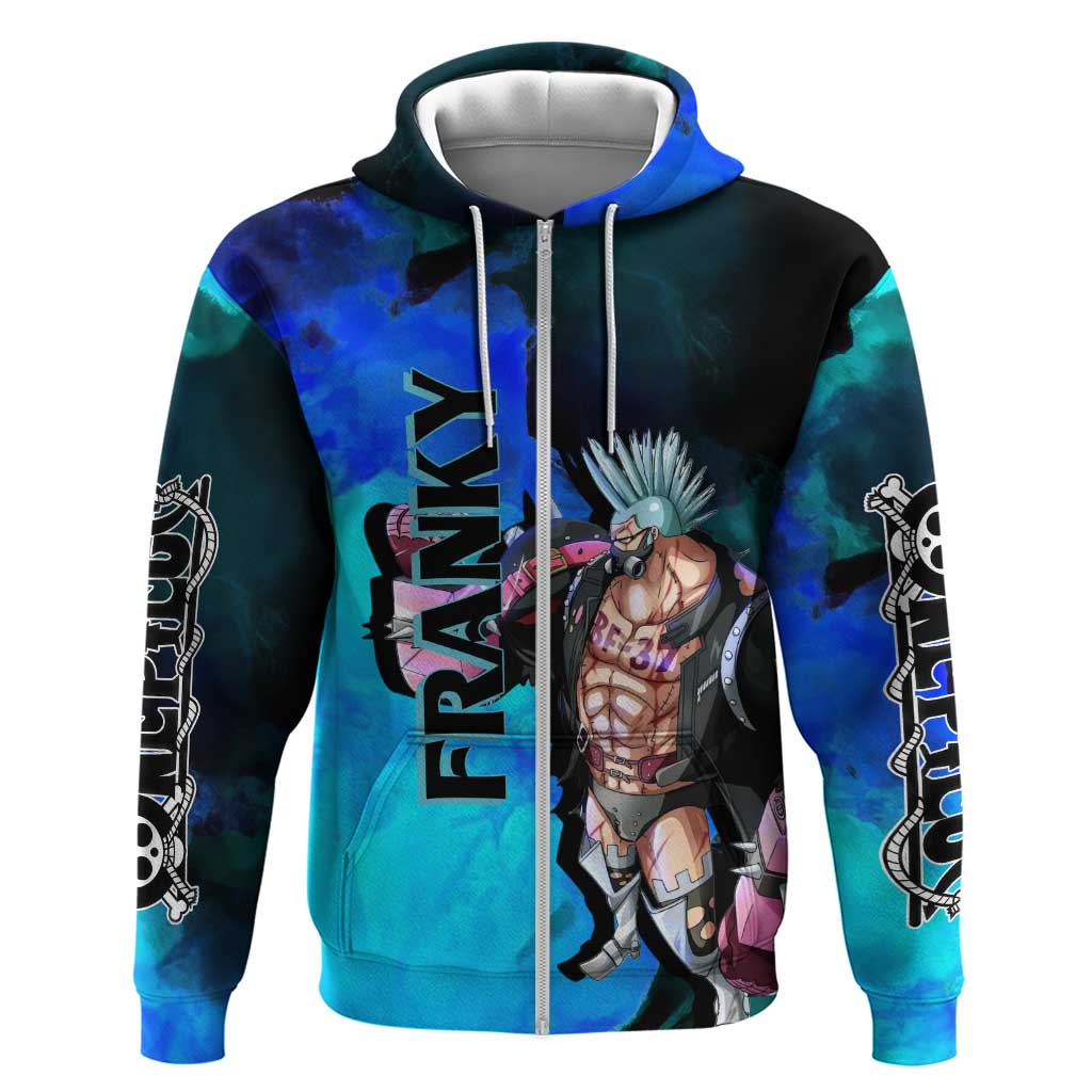 Franky One Piece Blue Theme Zip Hoodie with Cyborg Design and Shipwright Pose - The Mazicc