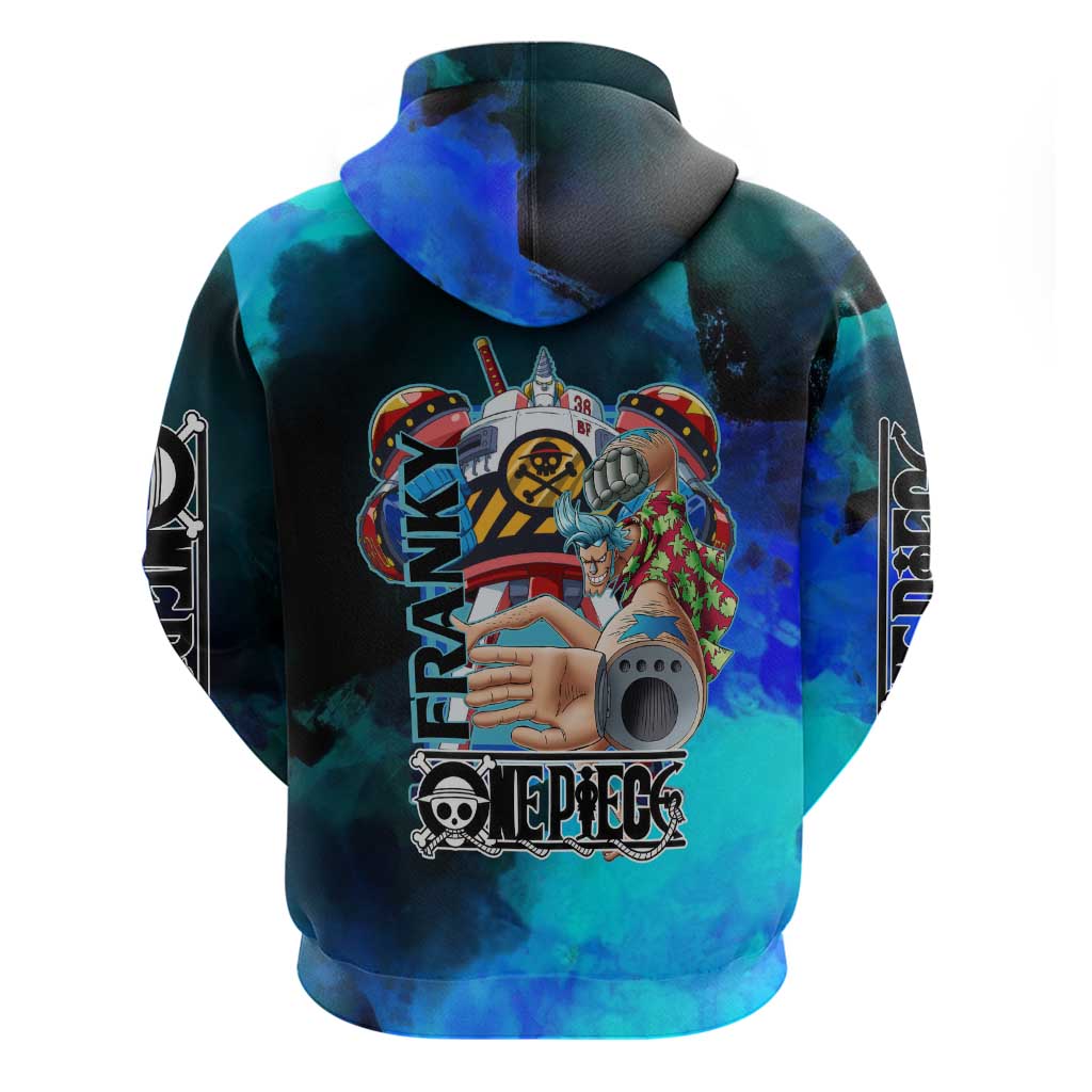Franky One Piece Blue Theme Zip Hoodie with Cyborg Design and Shipwright Pose - The Mazicc