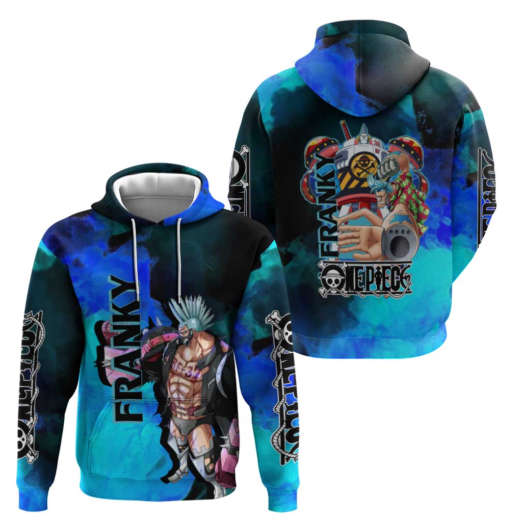 Franky One Piece Blue Theme Zip Hoodie with Cyborg Design and Shipwright Pose - The Mazicc