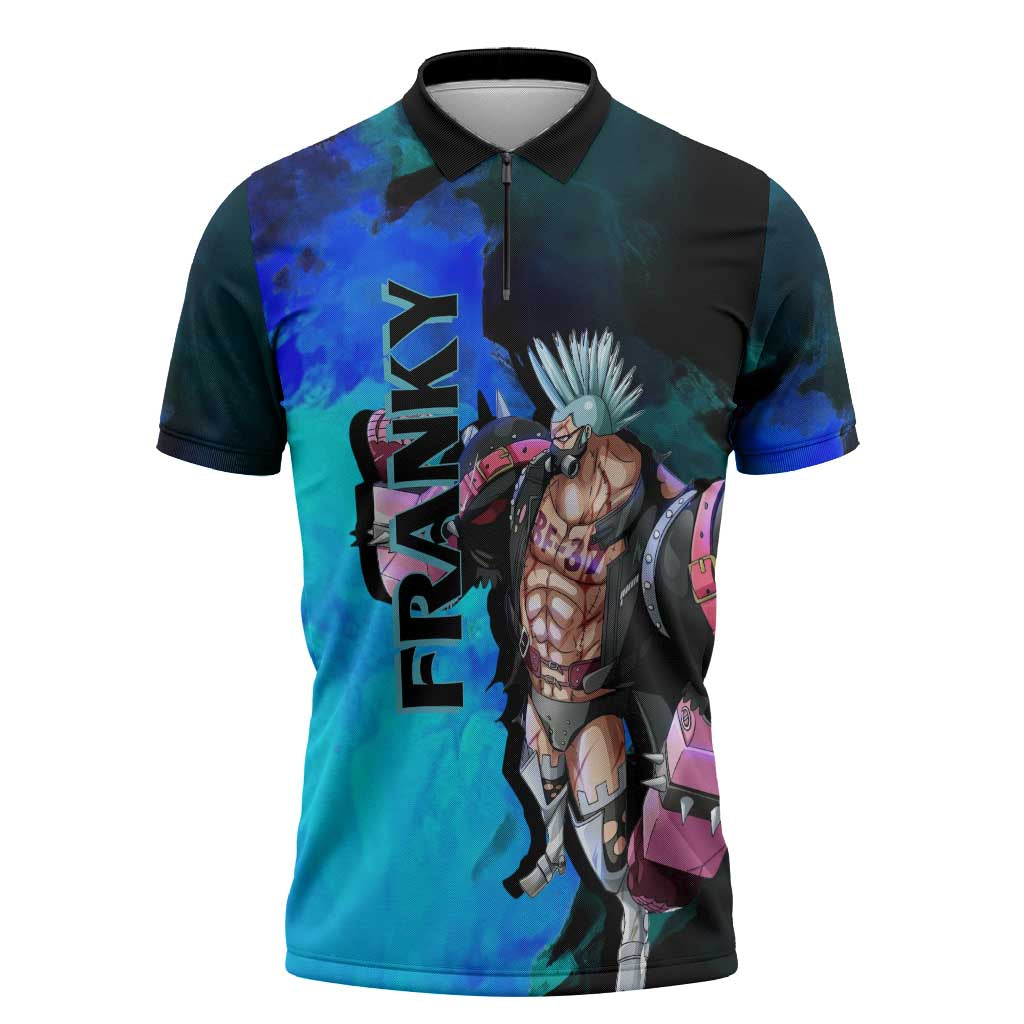 Franky One Piece Blue Theme Zipper Polo Shirt with Cyborg Design and Shipwright Pose - The Mazicc
