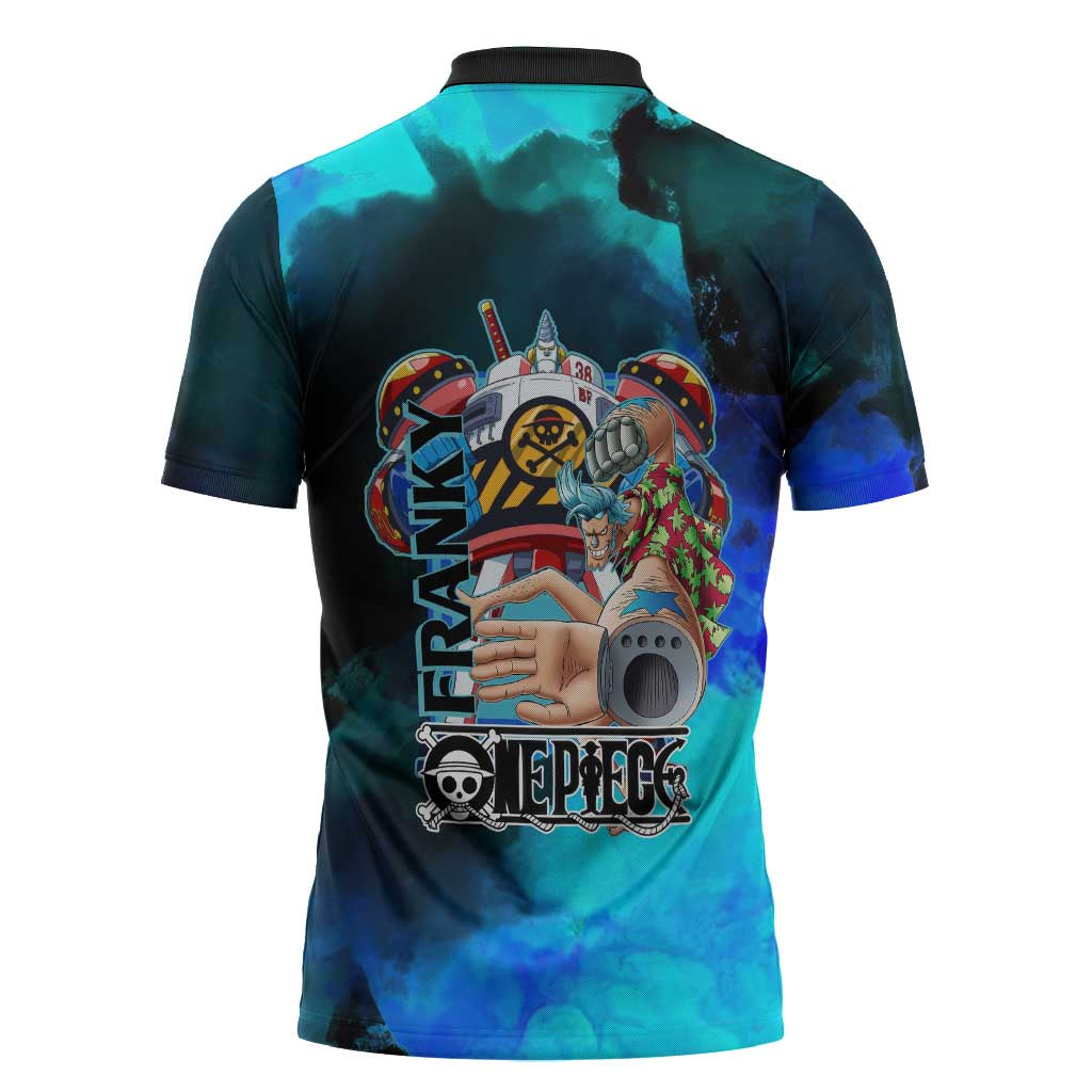 Franky One Piece Blue Theme Zipper Polo Shirt with Cyborg Design and Shipwright Pose - The Mazicc