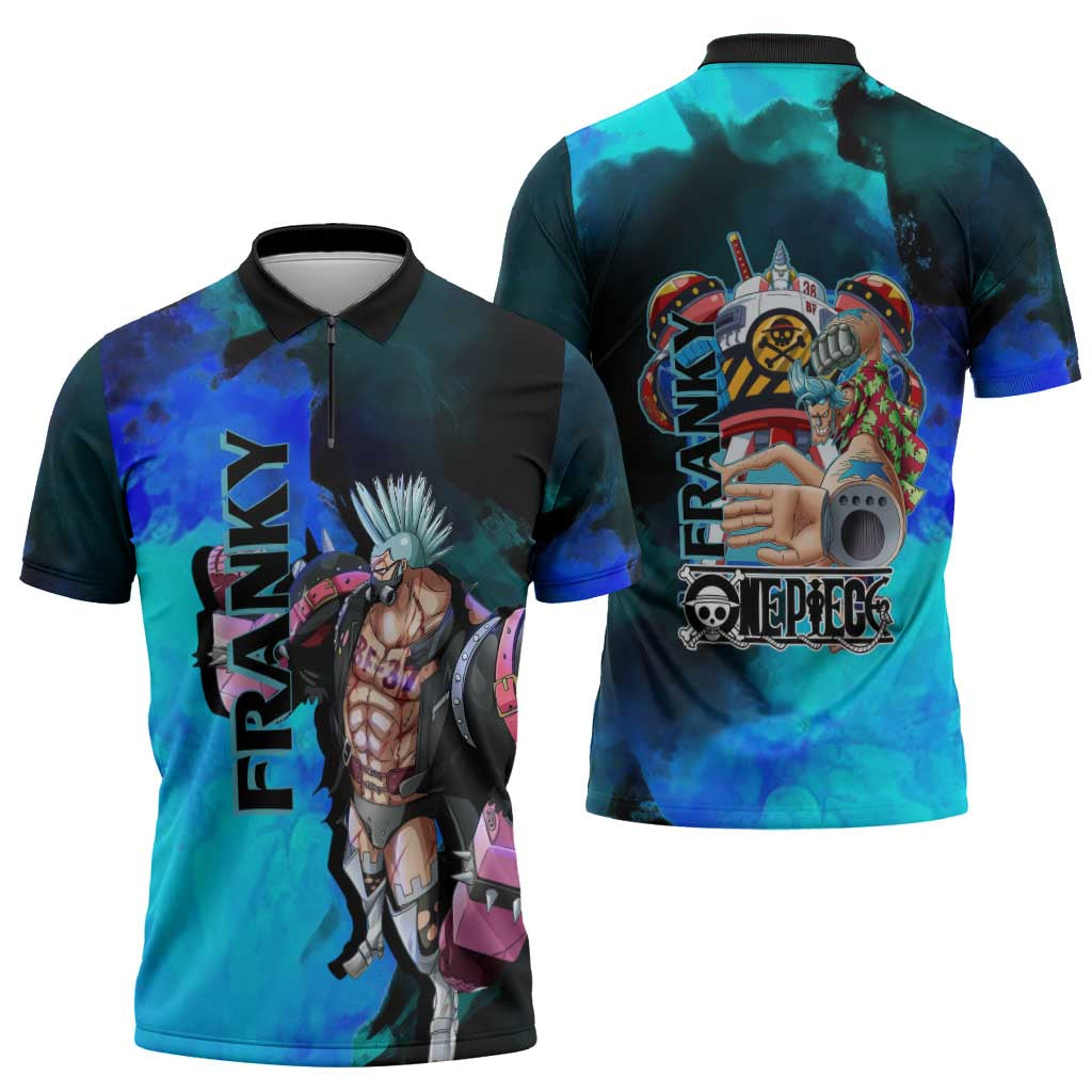 Franky One Piece Blue Theme Zipper Polo Shirt with Cyborg Design and Shipwright Pose - The Mazicc