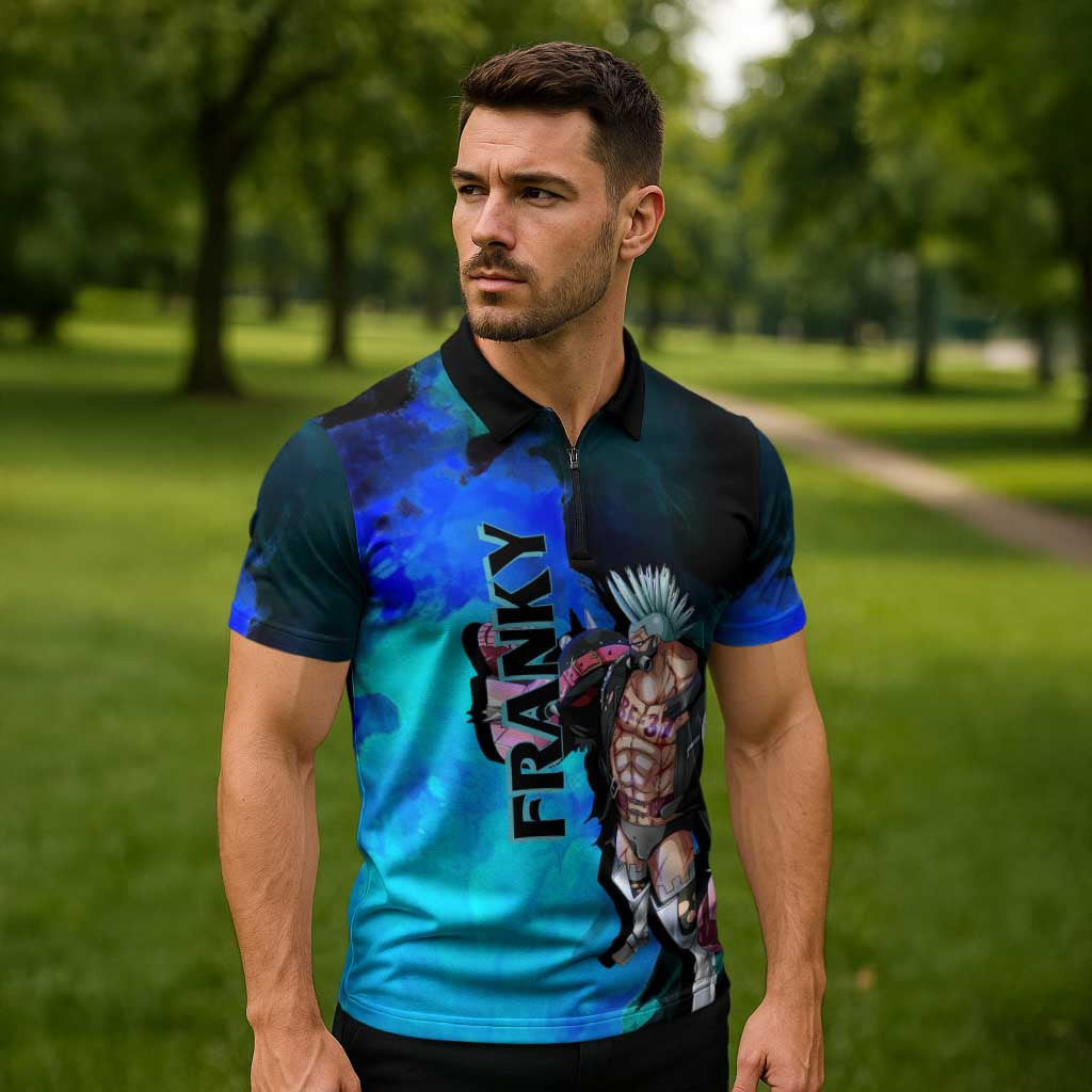 Franky One Piece Blue Theme Zipper Polo Shirt with Cyborg Design and Shipwright Pose - The Mazicc