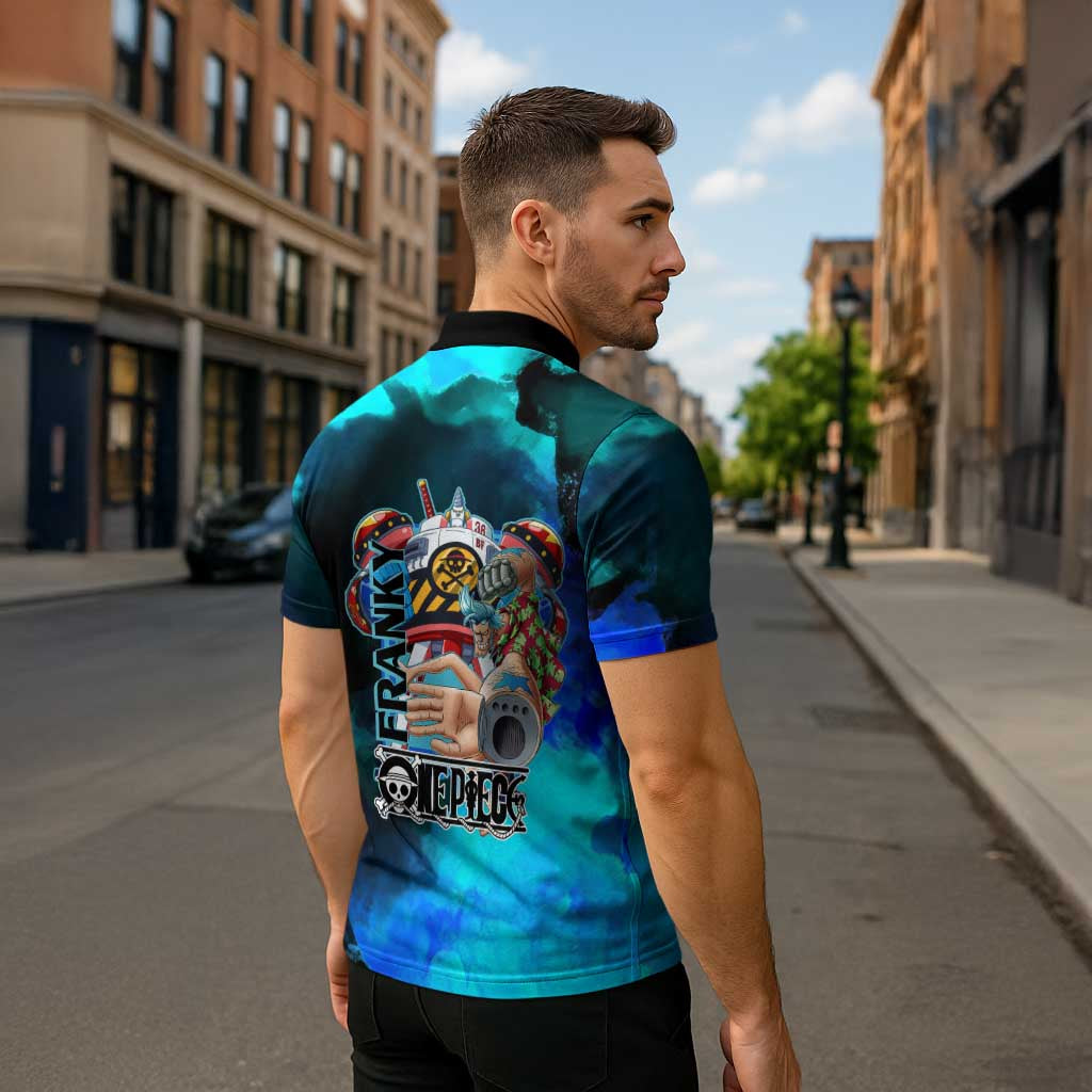 Franky One Piece Blue Theme Zipper Polo Shirt with Cyborg Design and Shipwright Pose - The Mazicc
