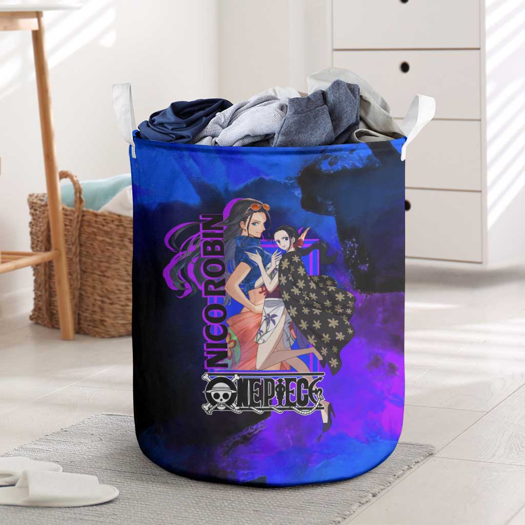 Nico Robin One Piece Purple and Blue Theme Laundry Basket with Floral Cape and Archaeologist Pose Design - The Mazicc
