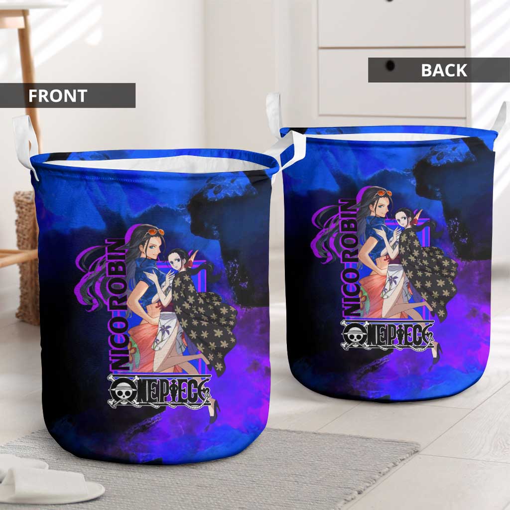 Nico Robin One Piece Purple and Blue Theme Laundry Basket with Floral Cape and Archaeologist Pose Design - The Mazicc